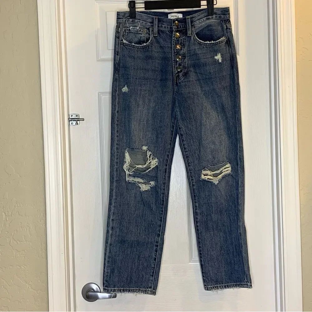 Pistola Distressed Straight Leg Button Fly High Rise Jeans Size 27
